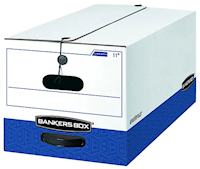 STORAGE BOXES, HEAVY-DUTY, BANKERS BOX, CORRUGATED, STRING & BUTTON, LETTER SIZE, WHITE/BLUE, 12/CT MAIN